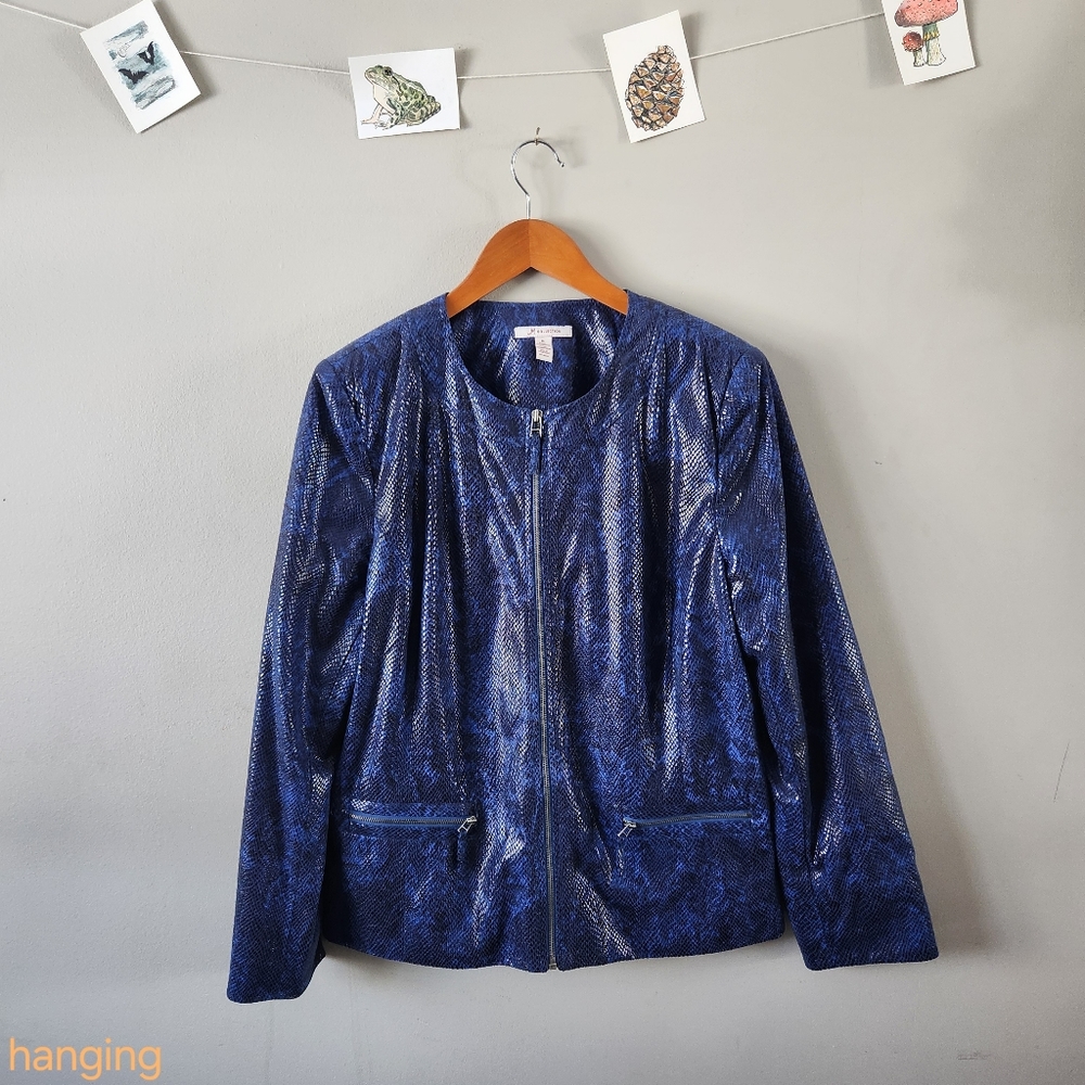 JM Collection Shiny Blue Faux Snake Skin 90s Jacket sz 16 - Picture 4 of 7